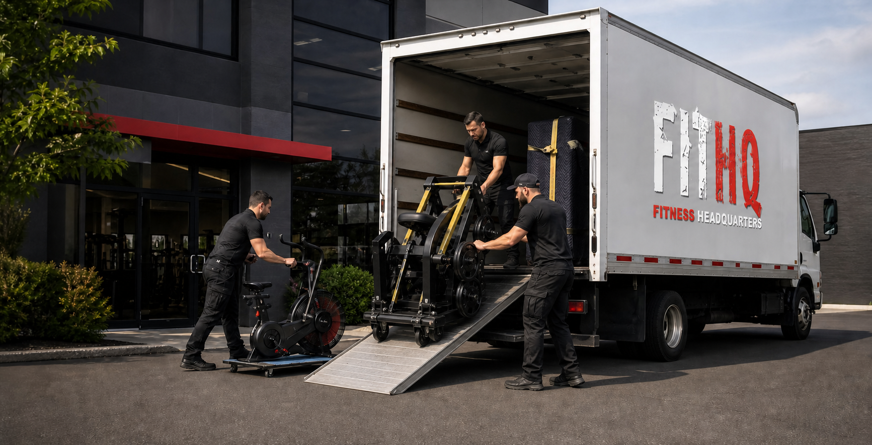 Fitness Headquarters professionals loading gym equipment into a box truck